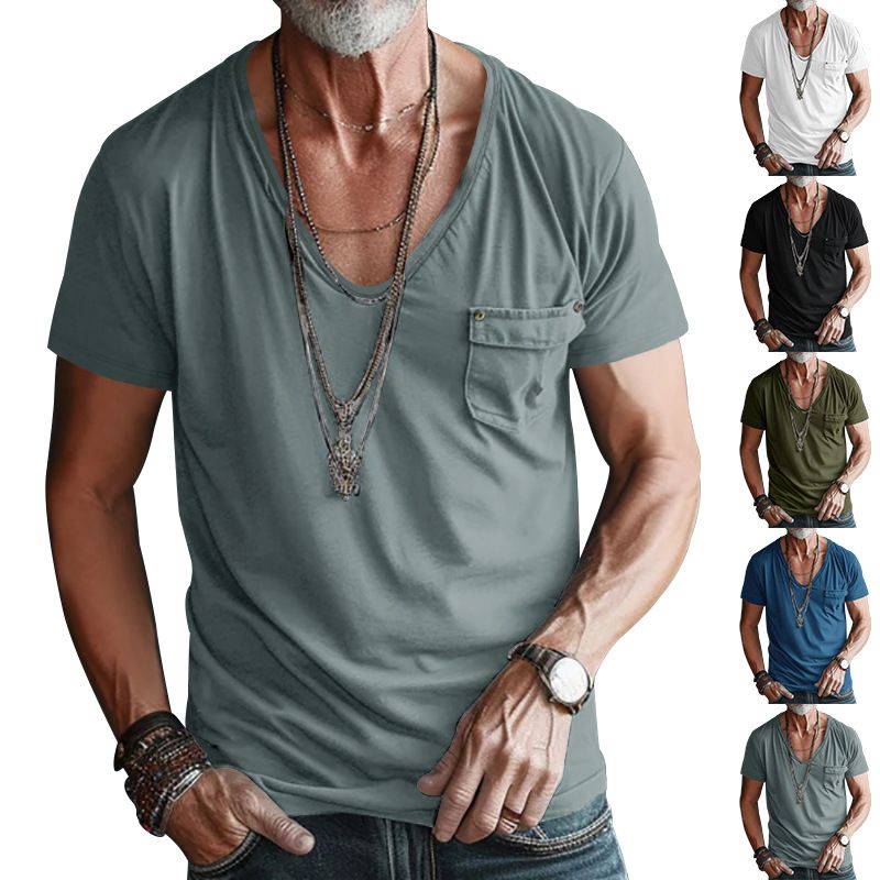 Pocket Clothing Men's V-Neck Solid Color Plus Size Casual Short Sleeve T-Shirt_voghion.com