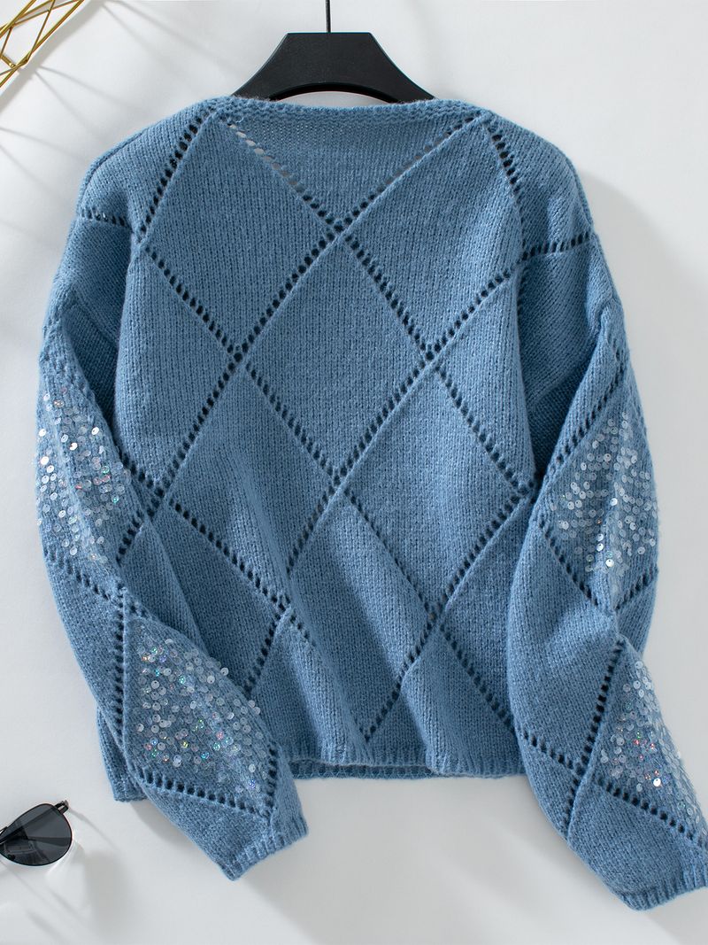 Maglione lavorato a maglia con paillettes cave alla moda Fuzzy Rain da donna, nuovo maglione ampio con motivo a rombi per autunno e inverno_voghion.com