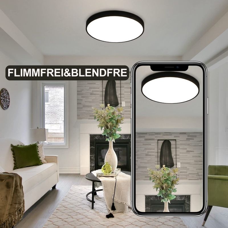 Glitzerlife LED Deckenleuchte Schwarz - Flach Küchenlampe IP44 Wasserdicht Badlampe Rund Ø28cm Flurlampe 17W Modern Für Wohnzimmer Schlafzimmer_voghion.com