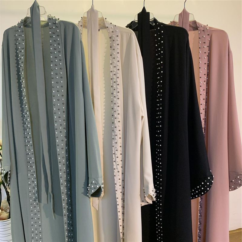 Neueste muslimische Abayas für Frauen islamische Mode Perlen Kimono Robe bescheidenes Kleid lange elegante Strickjacken Kleidung vorne offen Abaya_voghion.com