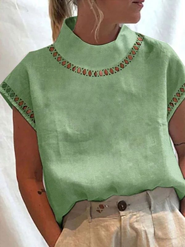 Maglietta traspirante casual in lino e pizzo con collo alto, tinta unita, da donna_voghion.com