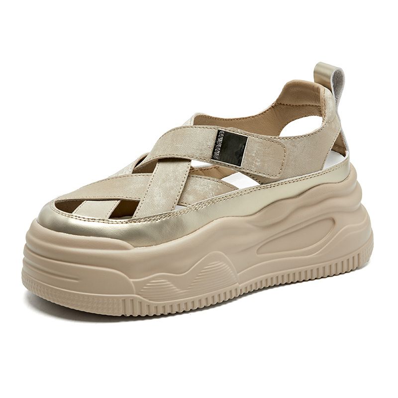 Echtleder-Sandalen für Damen, Sommer 2024, Outdoor, geschlossene Zehenpartie, römischer Stil, lässige Schuhe mit dicker Sohle, Schweinskäfig-Design, gewebte Sportschuhe_voghion.com