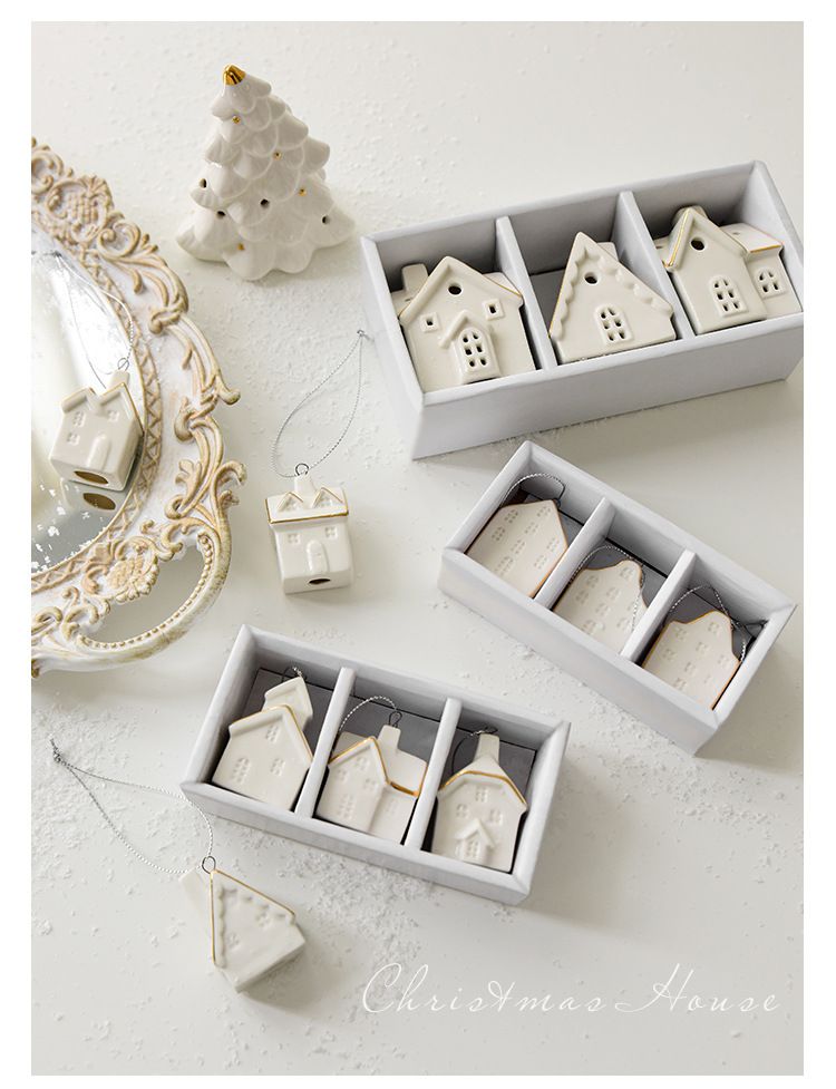 NUCHI Kleines Keramikhaus-Set, Anhänger, Weihnachtsbaum, hängende Ornamentdekoration_voghion.com