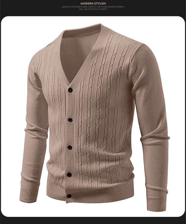 Lässiger Herren-Strickpullover – Vintage-Zopfmuster, lockere Passform, V-Ausschnitt, lange Ärmel, offene Vorderseite_voghion.com