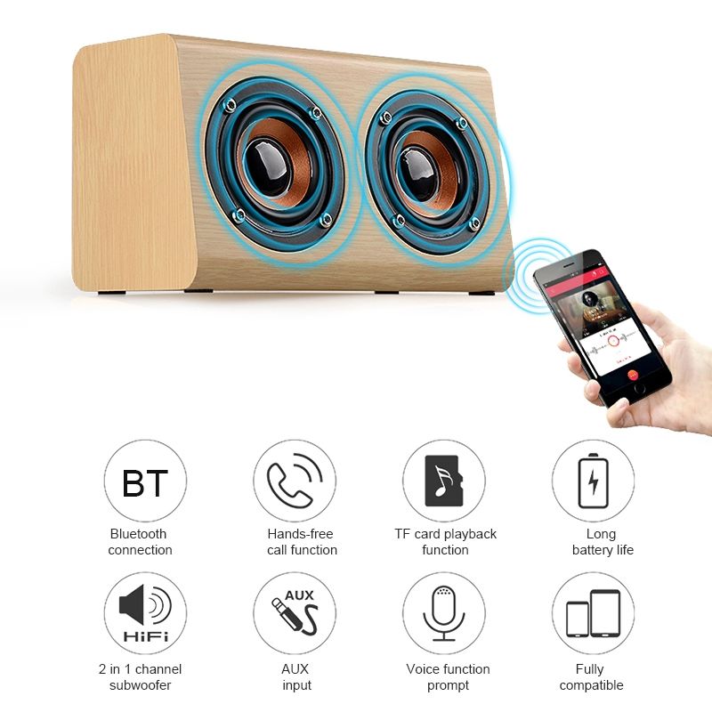 W7 Bluetooth 4.2 Houten Dubbele Hoorns Bluetooth Luidspreker (Rode Houtstructuur)_voghion.com