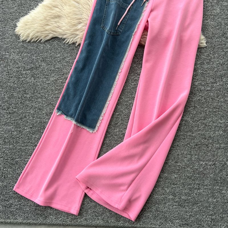 Casual Suit For Women Fashionable Design Splicing Hooded Sweatshirt High Waist Denim Splicing Wide Leg Pants Two Piece Set_voghion.com