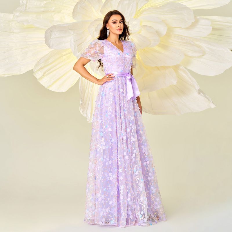 Neues High-End-Abendkleid mit kurzen Ärmeln, V-Ausschnitt und schmaler Passform, Taillenbetonung und Aufklebern für Bankette und große Präsentationen für Damen_voghion.com
