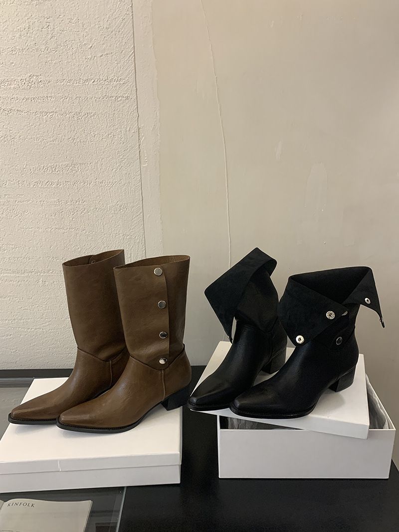 Damenschuhe Stiefeletten Herbst Neue Stiefel aus weichem Leder in geriebener Farbe Metall versteckte Schnalle kann gefaltet werden Zwei Tragemöglichkeiten Retro-Ritterstiefel mit dickem Absatz_voghion.com