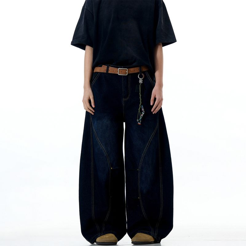 Ins American Washed Deconstructive Curved Knife Jeans, Trendy merk losse blauwe sikkelbroek voor heren en dames_voghion.com