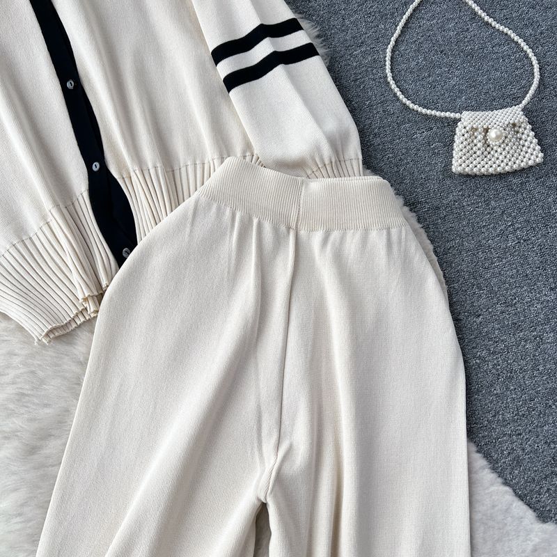 Women's Clothing Hong Kong style chic casual loose versatile knitted cardigan tops women's autumn two piece set high waist slim wide leg trousers_voghion.com