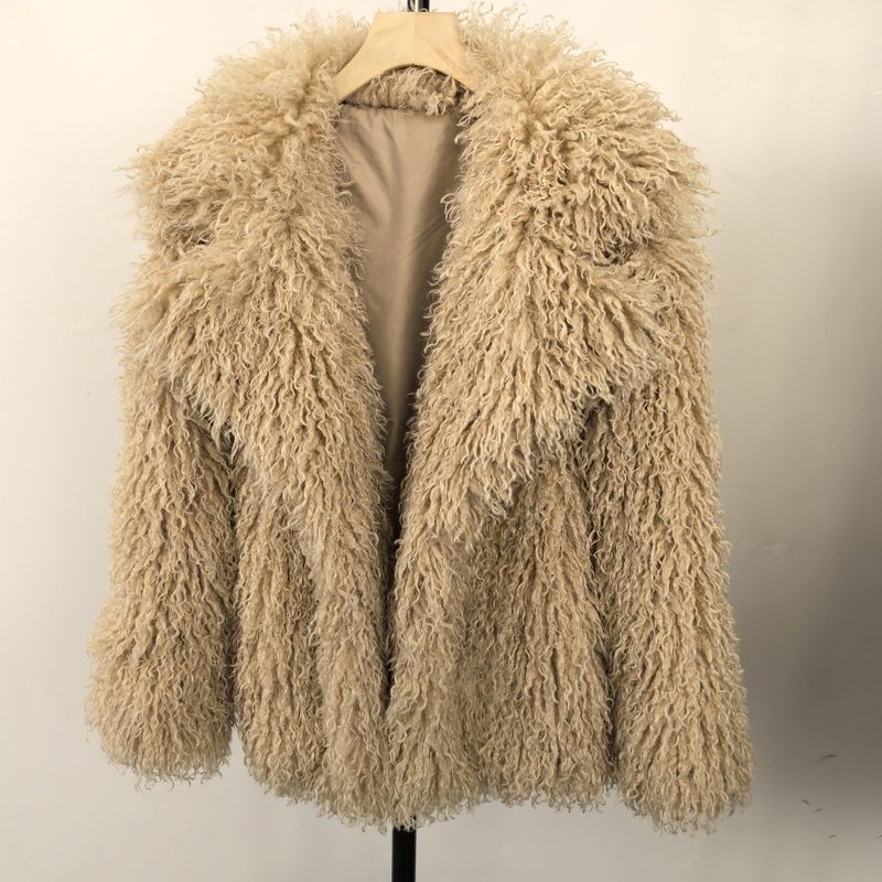 Women's Clothing Luxury Faux Shearling Coat Soft Warm Winter Jacket Elegant Faux Fur Outerwear In Deep Khaki, Cream & Black (Sizes S/M/L)_voghion.com