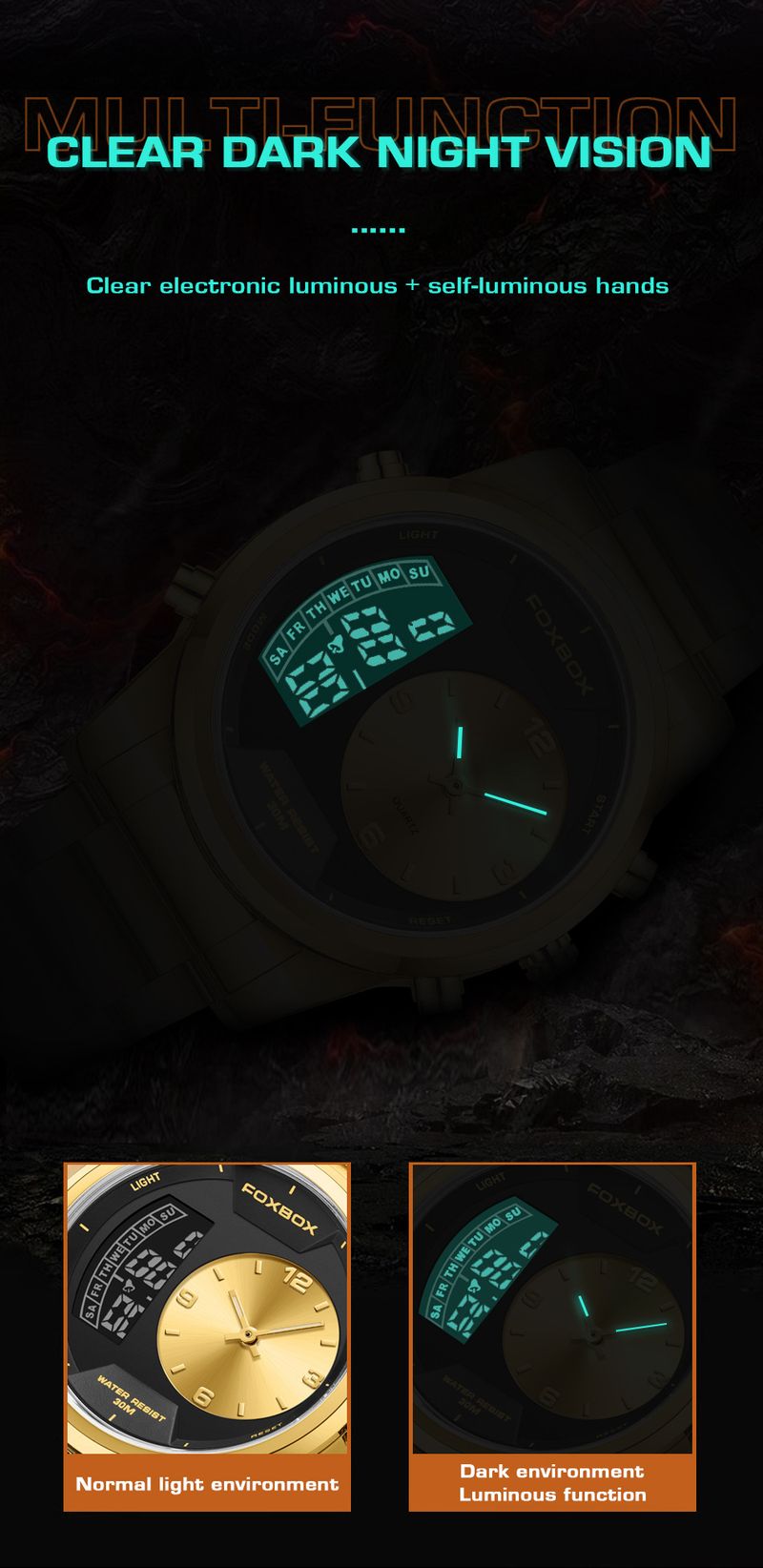 Men's Waterproof Luminous Analog Digital Watch With Alarm Chronograph, Stainless Steel Band, Mineral Glass, 43mm Round Case_voghion.com
