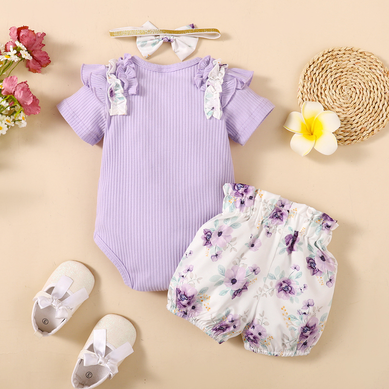 Girls spring and autumn 2024 new Korean style hot solid color short-sleeved top + small floral shorts three-piece set_voghion.com