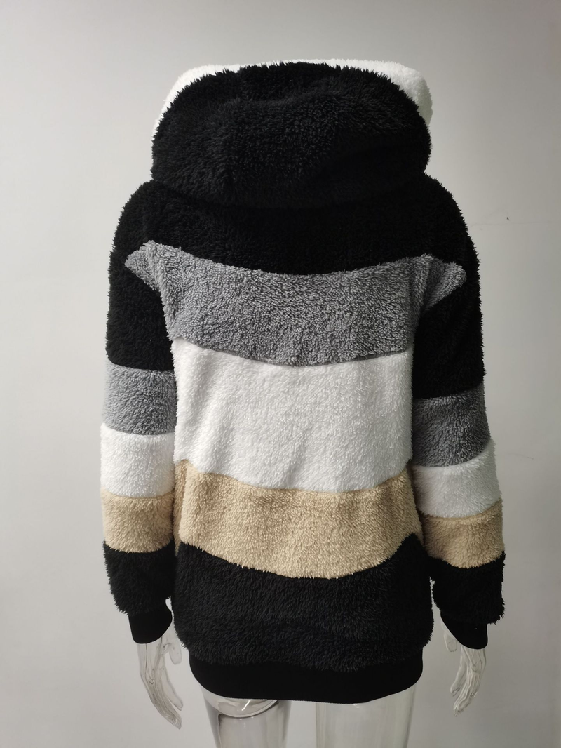 Autumn and winter warm plush patchwork zipper pocket hooded loose coat for women_voghion.com