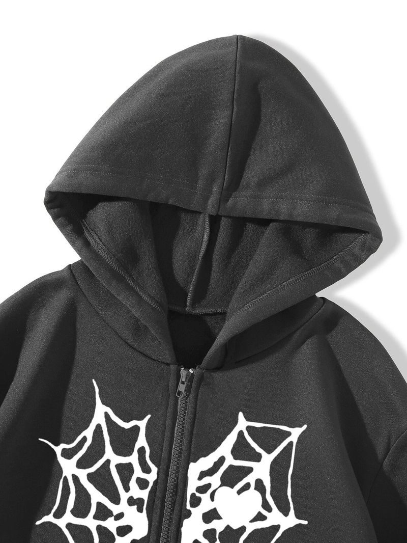 Unisex Spider Web Heart Print Fleece Zip-Up Hoodie – Cozy & Stylish Pullover For Fall/Winter_voghion.com