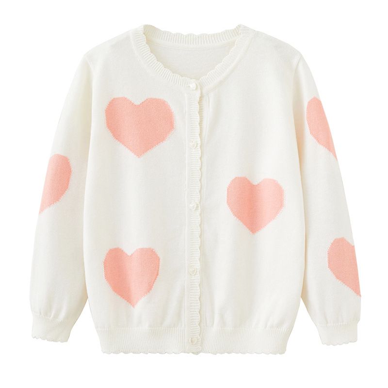 Cardigan en tricot à découpes cœur pour fille – 100 % coton, léger et confortable (90-140 cm, blanc/rose, sécurité classe A)_voghion.com