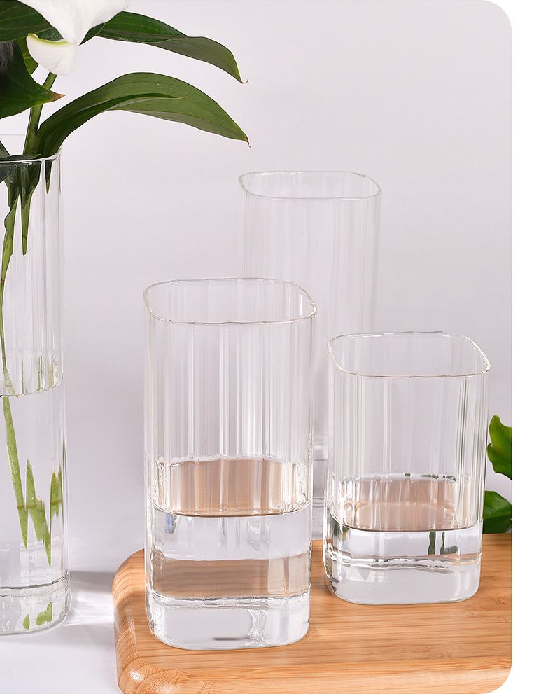 Vintage Square Glass Vase With Striped Design - Elegant Home Decor For Floral Arrangements & Terrarium Displays_voghion.com