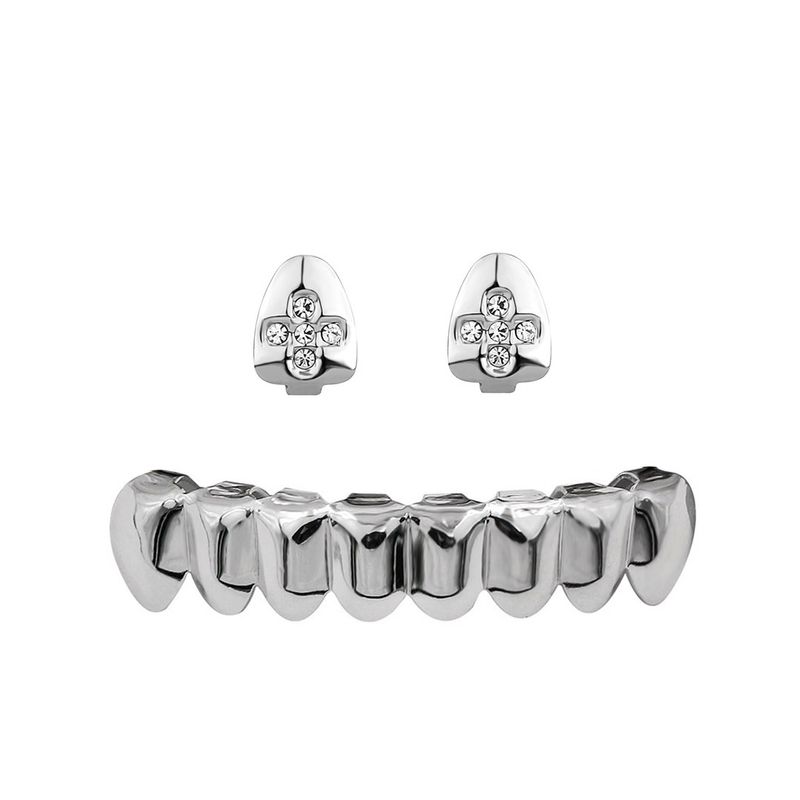 Set di grillz in oro Hip Hop - Gioielli dentali appariscenti per uomo e donna per Halloween, feste e street style - Placcati in oro e argento con zirconi cubici_voghion.com