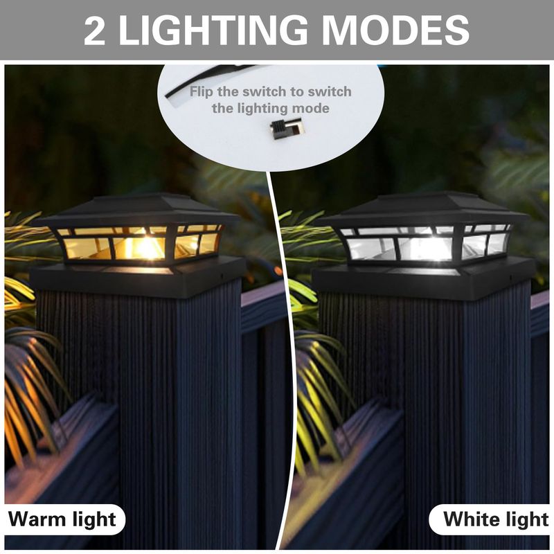 Pilar de iluminação solar LED para áreas externas - Luz quente/branca ajustável para postes de jardim, caminhos e portões (10 W, ABS IP65, modelo DC-101, pacote com 2)_voghion.com