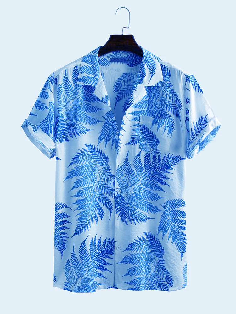 Herrenbekleidung Herren Sommer Casual Loose Beach Wear Ahornblatt-Print Kurzarmhemd_voghion.com