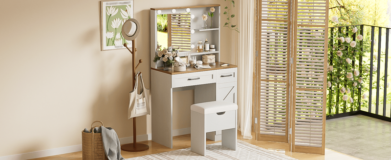 Farmhouse Makeup Vanity Desk With Mirror And Lights, 3 Lighting Modes, Vanity Set With Stool, Dressing Table With Adjustable Shelves,2 Drawers And Side Cabinet For Bedroom, White_voghion.com
