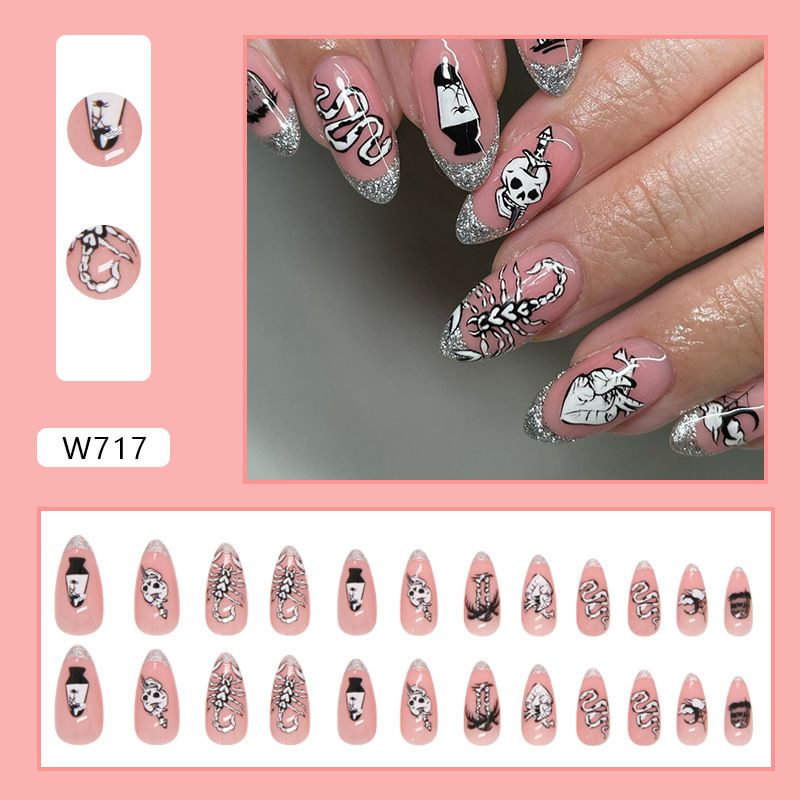 Faux ongles doux et cool, rose foncé, tête de mort, paillettes françaises, Halloween, femme, mi-long, amande, porter des ongles_voghion.com