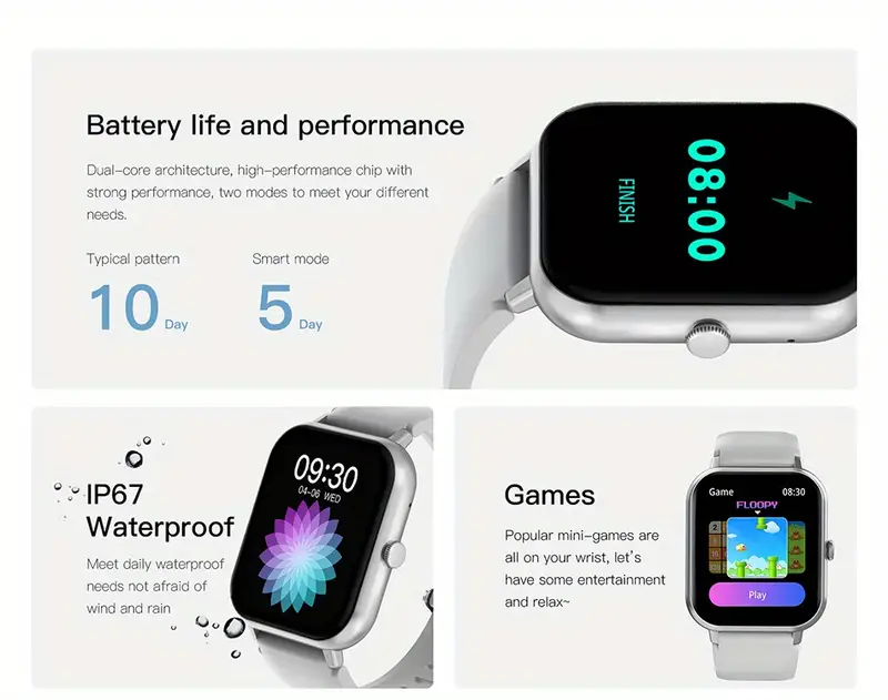 Quadratisch mit Silikonband, multifunktionale Sport-Smartwatch für Fiess-Tracker, Herzfrequenz, Blutsauerstoff und Schlaf_voghion.com