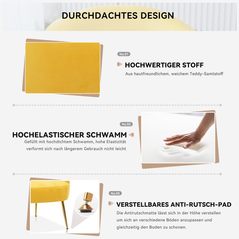Samtstoff-Sessel Gelb: Ergonomischer Akzentstuhl, Goldene Beine, Verstellbare Beine, Für Wohnzimmer/Schlafzimmer/Zuhause_voghion.com