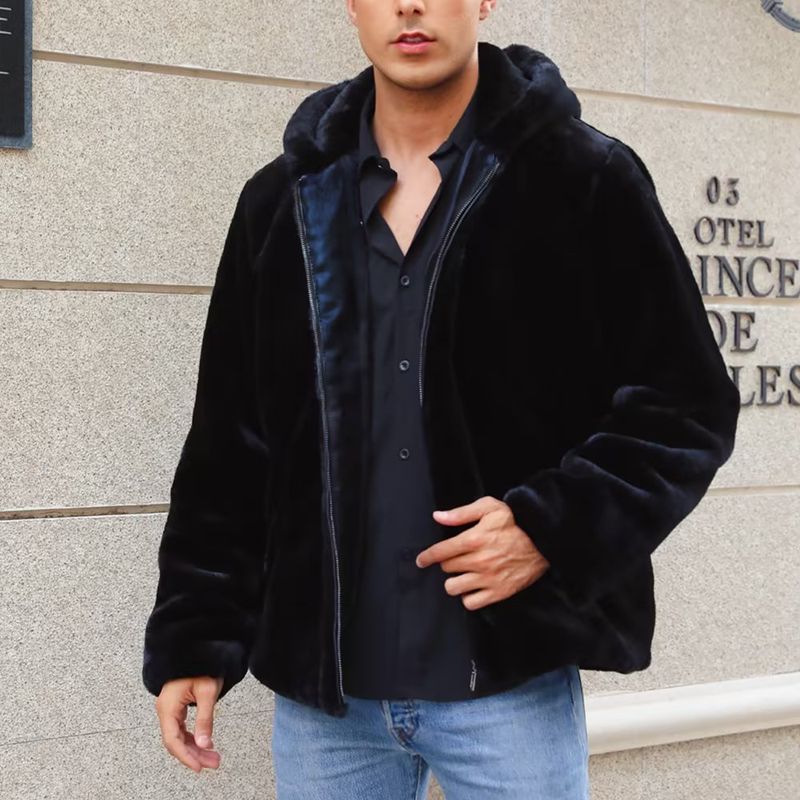 F0672 Giacca corta in peluche con cappuccio e cerniera da uomo, casual, autunno inverno, nuova moda_voghion.com