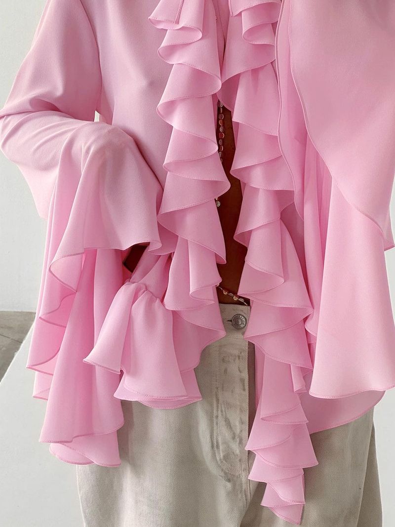 Damenbekleidung Rundhals Glockenärmel Rüschen_voghion.com