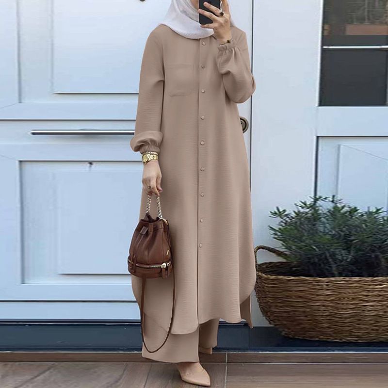 Elegante completo arabo: top ricamato e pantaloni larghi e fluidi (7 colori) | Completo da donna musulmana sobrio e versatile_voghion.com