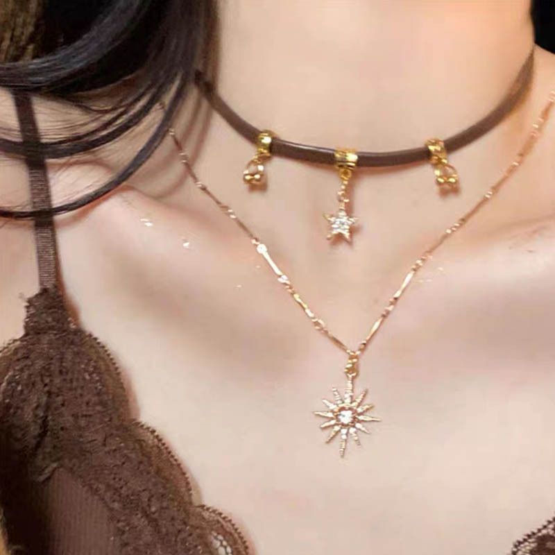 Solstjärnehalsband med dubbla lager för kvinnor, enkelt och utsökt, unika accessoarer, halsbandskedja, mångsidig, personlig,_voghion.com