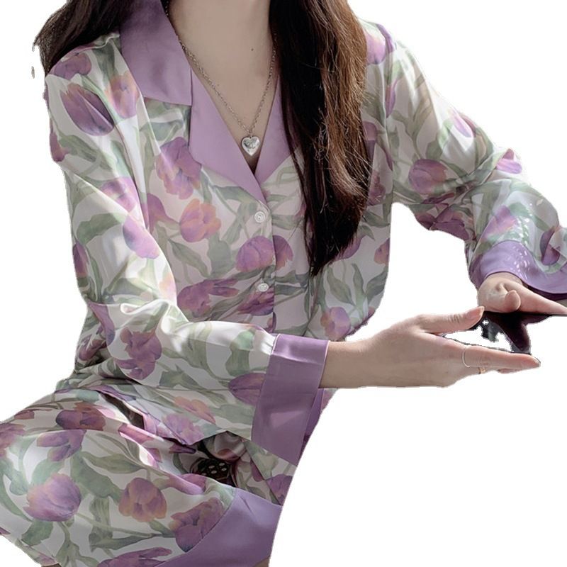 Pigiama comodo in seta ghiacciata Purple Tulip da donna, primavera e autunno, a maniche lunghe, completo da donna in due pezzi_voghion.com