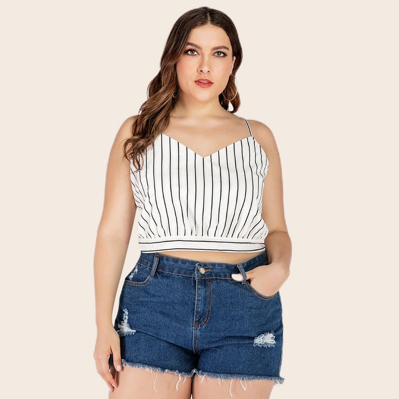2023 Summer New Large Women's Black and White Stripe Bra Off Shoulder Sling Casual Tank Top JR327_voghion.com