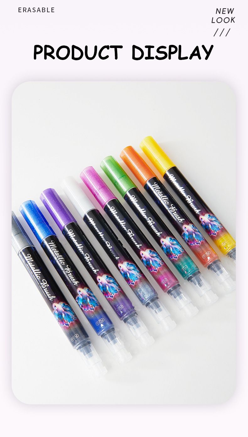 Surligneur pinceau à paillettes métalliques - Pointe fine pour croquis, gribouillages et prise de notes, mécanisme de pression fluide, couleurs vives_voghion.com