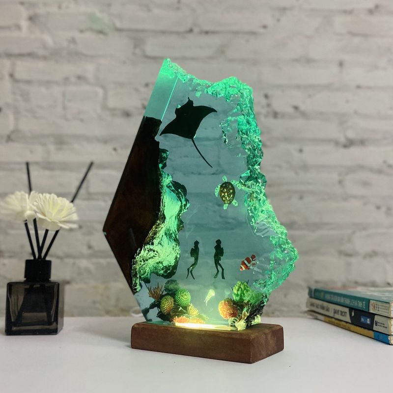 Manta Ray i epoksidna smolna lampa za noćni par, tamnoplavi poklon za ronioca_voghion.com