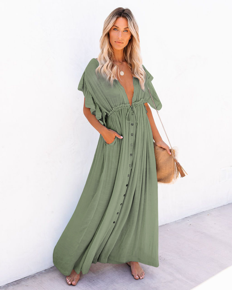 nuovo stile copricostume da spiaggia in tessuto di bambù con bottoni, corda in vita, gonna lunga, camicia di protezione solare_voghion.com