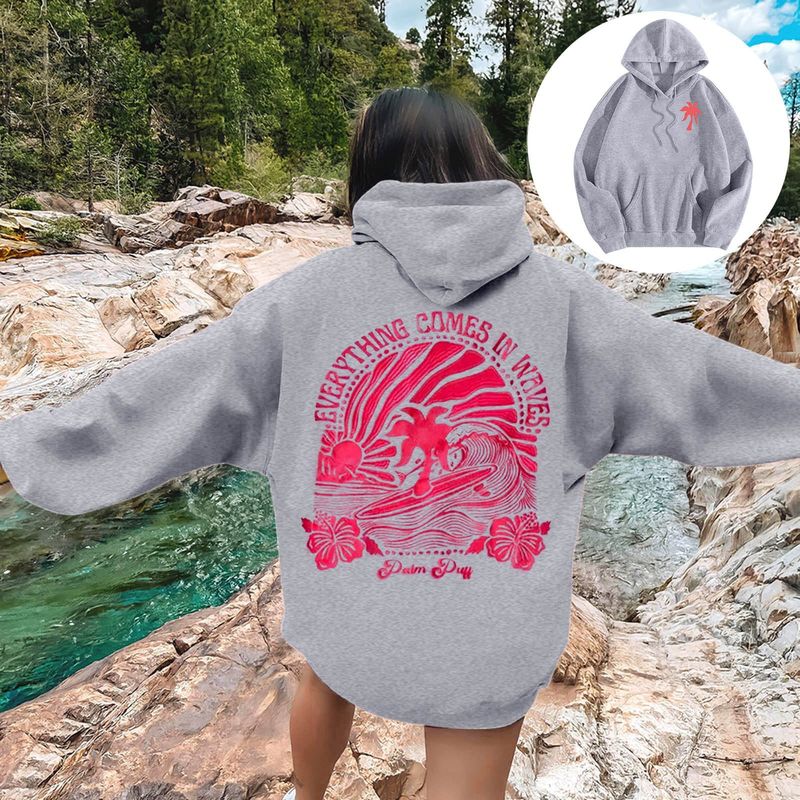 Novo moletom com capuz feminino com forro de lã tamanho europeu e ombros caídos, estampado Chasing Sunsets_voghion.com
