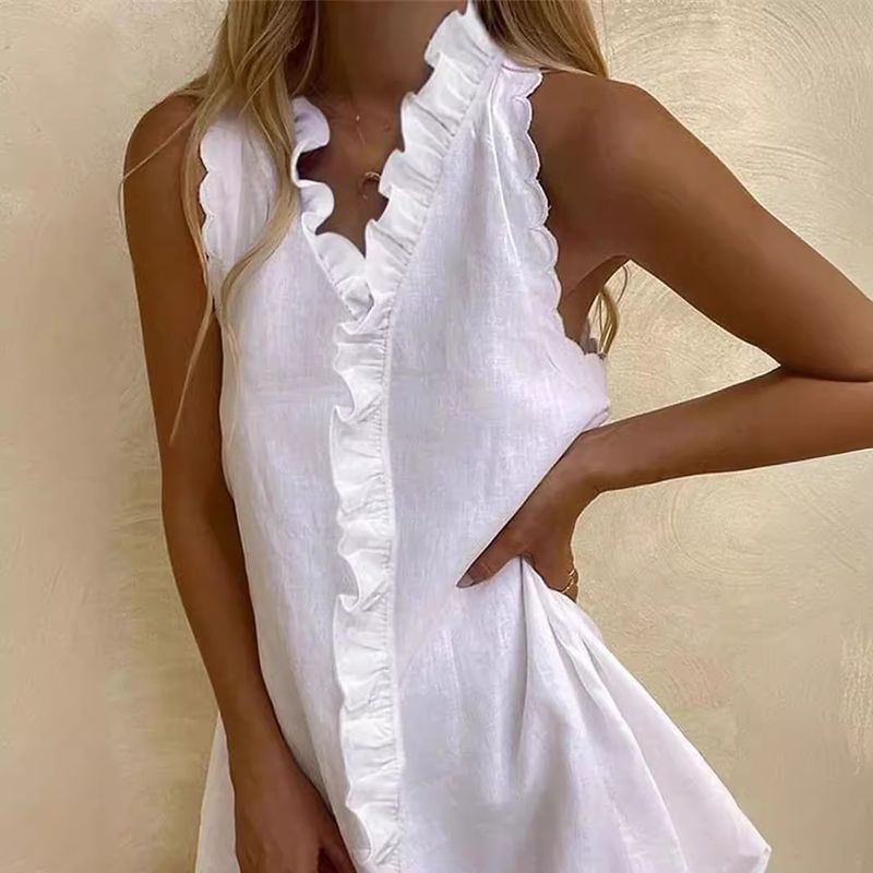 Abbigliamento da donna, nuovo abito casual da donna in cotone e lino tinta unita con gonna a balze ricamata_voghion.com
