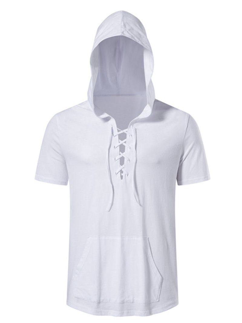Summer men's hooded shoes with loose, simple, solid color, fashionable size, short sleeves, large pockets, all cotton_voghion.com