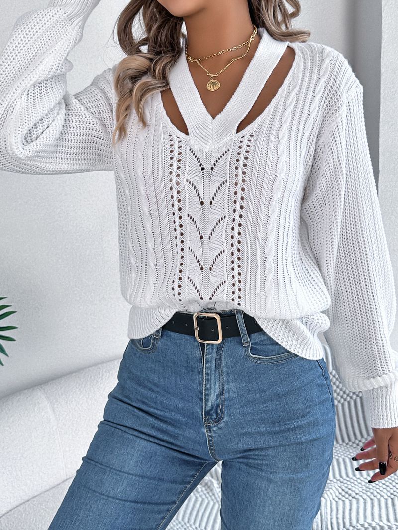 Maglione pullover casual con scollo a V e maniche a lanterna in maglia a trecce, autunno inverno 2025, moda donna_voghion.com