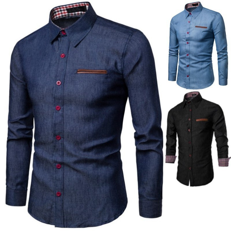 Spring and Autumn Casual Pocket Collar Cotton Slim Fit Long Sleeve Denim Shirt Men's_voghion.com