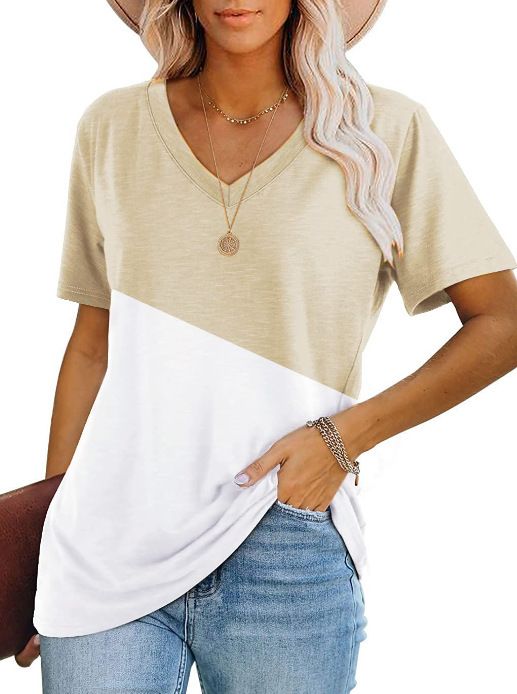 T-shirt casual da donna a righe con scollo a V e maniche corte_voghion.com