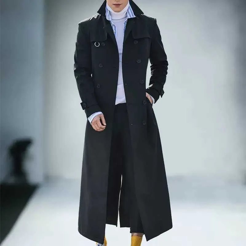Trench nero attillato extra lungo autunno uomo Mauroicardi doppiopetto moda europea 2022 elegante soprabito uomo_voghion.com