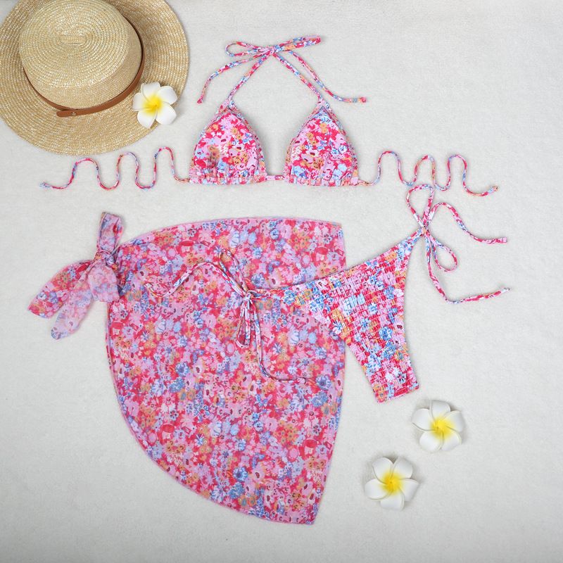 Vêtements pour femmes Jupe en gaze Fendue Bikini de Vacances Maillot de Bain Sexy Imprimé Bikini Ensemble Trois Pièces_voghion.com