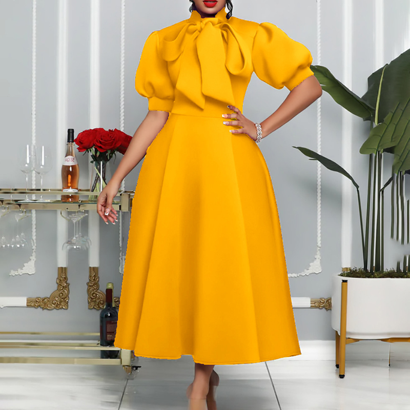 Rochie de banchet pentru femei de marime mare de vara nou bowknot doamnelor de culoare solida fusta cu maneca scurta _voghion.com
