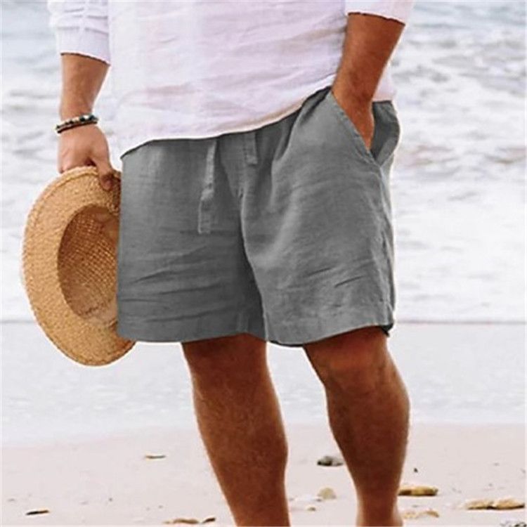 Pantalones cortos de algodón y lino para hombre, de verano, lisos, con cordón ajustable, cintura elástica y bolsillos, informales, para playa_voghion.com