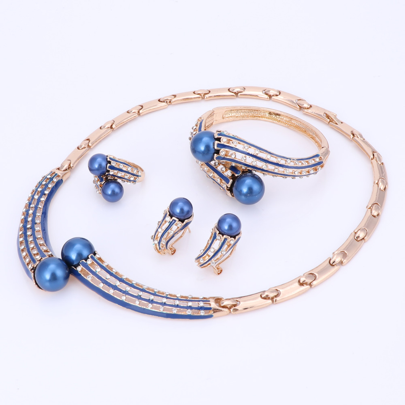 Collar de perlas simuladas de cristal para dama de honor de boda para mujer, pendientes colgantes, brazalete, anillo, conjunto de joyería para disfraz de fiesta_voghion.com