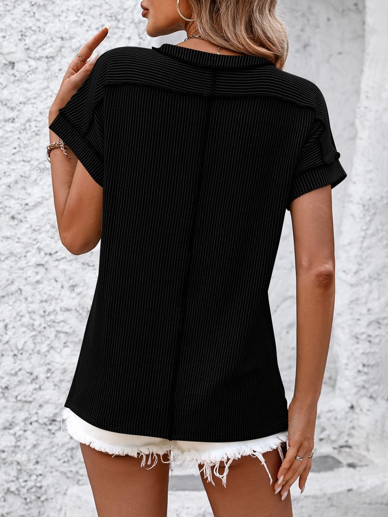 T-shirt da donna a maniche corte con scollo rotondo e vestibilità ampia, con motivo a righe intrecciate e cuciture a vista - Tessuto in maglia di misto cotone traspirante per abbigliamento casual da strada_voghion.com