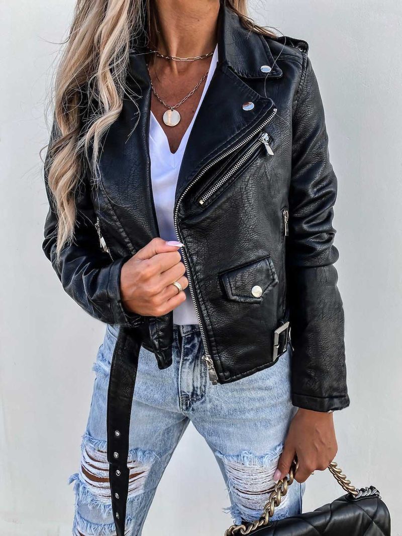 Women's New 2023 Autumn Winter Jacket PU Leather Coat Motorcycle Short Zipper_voghion.com